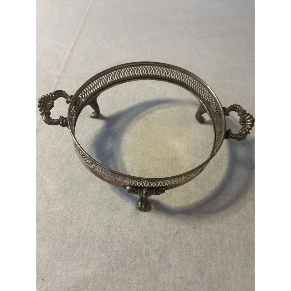 Ornate‎ Silverplate Footed Trivet with Handles Openwork Lattice Design